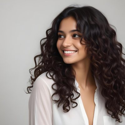 Young Woman Of South Asian Descent With Long Curly Dark Brown Hair Smiling Softly She Is Wearing A White Blouse And Has A Light Background 82 5f66