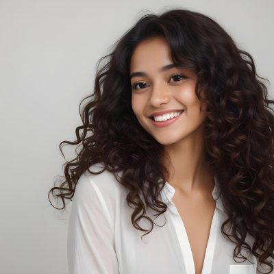 Young Woman Of South Asian Descent With Long Curly Dark Brown Hair Smiling Softly She Is Wearing A White Blouse And Has A Light Background 86 3944
