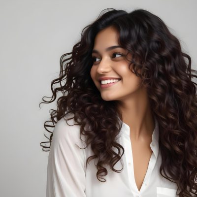 Young Woman Of South Asian Descent With Long Curly Dark Brown Hair Smiling Softly She Is Wearing A White Blouse And Has A Light Background 87 A555