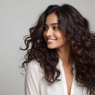 Young Woman Of South Asian Descent With Long Curly Dark Brown Hair Smiling Softly She Is Wearing A White Blouse And Has A Light Background 90 E9bf