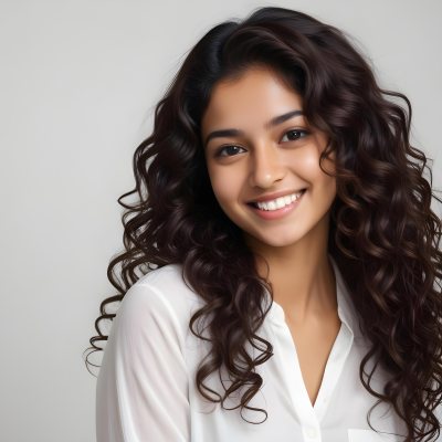 Young Woman Of South Asian Descent With Long Curly Dark Brown Hair Smiling Softly She Is Wearing A White Blouse And Has A Light Background 93 A903