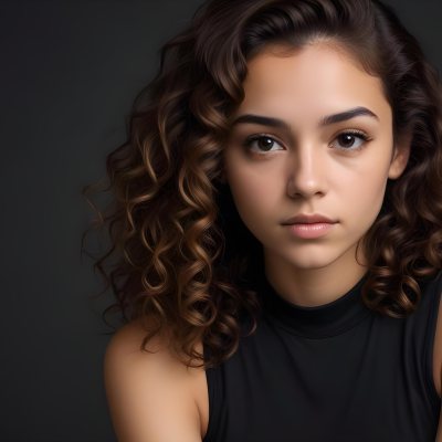 Young Woman With Medium Skin Tone And Long Curly Brown Hair Wearing A Black Sleeveless Top Looking Directly At The Camera With A Neutral Expression The Background Is Dark And Simple Emphasizing Her Features 15 32cf