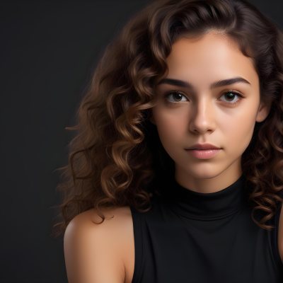 Young Woman With Medium Skin Tone And Long Curly Brown Hair Wearing A Black Sleeveless Top Looking Directly At The Camera With A Neutral Expression The Background Is Dark And Simple Emphasizing Her Features 18 B9a6