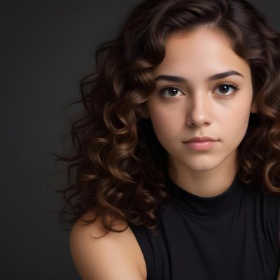 Young Woman With Medium Skin Tone And Long Curly Brown Hair Wearing A Black Sleeveless Top Looking Directly At The Camera With A Neutral Expression The Background Is Dark And Simple Emphasizing Her Features 19 C722