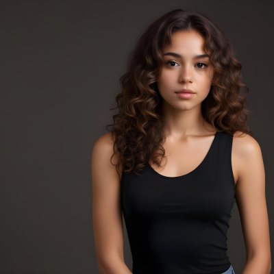 Young Woman With Medium Skin Tone And Long Curly Brown Hair Wearing A Black Sleeveless Top Looking Directly At The Camera With A Neutral Expression The Background Is Dark And Simple Emphasizing Her Features 20 B9ad