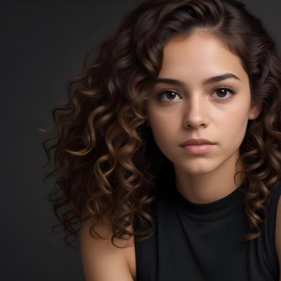 Young Woman With Medium Skin Tone And Long Curly Brown Hair Wearing A Black Sleeveless Top Looking Directly At The Camera With A Neutral Expression The Background Is Dark And Simple Emphasizing Her Features 21 B810