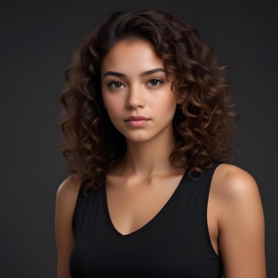 Young Woman With Medium Skin Tone And Long Curly Brown Hair Wearing A Black Sleeveless Top Looking Directly At The Camera With A Neutral Expression The Background Is Dark And Simple Emphasizing Her Features 26 5525
