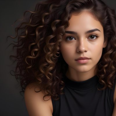 Young Woman With Medium Skin Tone And Long Curly Brown Hair Wearing A Black Sleeveless Top Looking Directly At The Camera With A Neutral Expression The Background Is Dark And Simple Emphasizing Her Features 28 A1a5