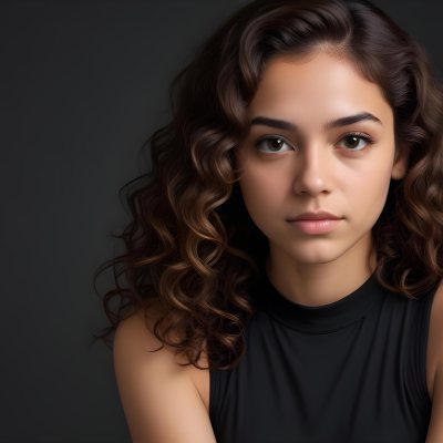 Young Woman With Medium Skin Tone And Long Curly Brown Hair Wearing A Black Sleeveless Top Looking Directly At The Camera With A Neutral Expression The Background Is Dark And Simple Emphasizing Her Features 31 Bb6f