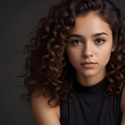 Young Woman With Medium Skin Tone And Long Curly Brown Hair Wearing A Black Sleeveless Top Looking Directly At The Camera With A Neutral Expression The Background Is Dark And Simple Emphasizing Her Features 32 E2c2