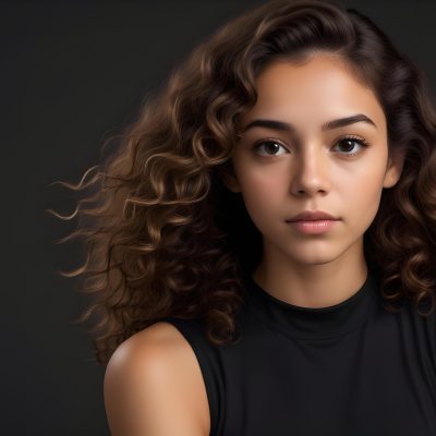Young Woman With Medium Skin Tone And Long Curly Brown Hair Wearing A Black Sleeveless Top Looking Directly At The Camera With A Neutral Expression The Background Is Dark And Simple Emphasizing Her Features 4 484e