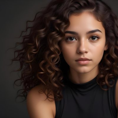 Young Woman With Medium Skin Tone And Long Curly Brown Hair Wearing A Black Sleeveless Top Looking Directly At The Camera With A Neutral Expression The Background Is Dark And Simple Emphasizing Her Features 40 2aed