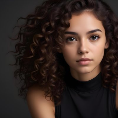 Young Woman With Medium Skin Tone And Long Curly Brown Hair Wearing A Black Sleeveless Top Looking Directly At The Camera With A Neutral Expression The Background Is Dark And Simple Emphasizing Her Features 44 0157
