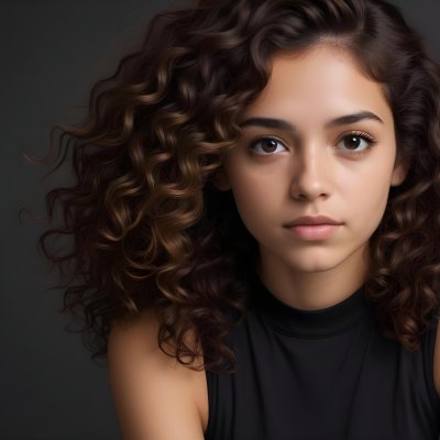 Young Woman With Medium Skin Tone And Long Curly Brown Hair Wearing A Black Sleeveless Top Looking Directly At The Camera With A Neutral Expression The Background Is Dark And Simple Emphasizing Her Features 45 F3ef