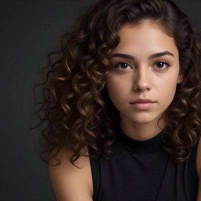 Young Woman With Medium Skin Tone And Long Curly Brown Hair Wearing A Black Sleeveless Top Looking Directly At The Camera With A Neutral Expression The Background Is Dark And Simple Emphasizing Her Features 46 158b
