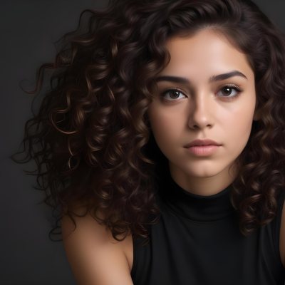 Young Woman With Medium Skin Tone And Long Curly Brown Hair Wearing A Black Sleeveless Top Looking Directly At The Camera With A Neutral Expression The Background Is Dark And Simple Emphasizing Her Features 47 59e5