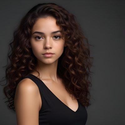 Young Woman With Medium Skin Tone And Long Curly Brown Hair Wearing A Black Sleeveless Top Looking Directly At The Camera With A Neutral Expression The Background Is Dark And Simple Emphasizing Her Features 5 51e8