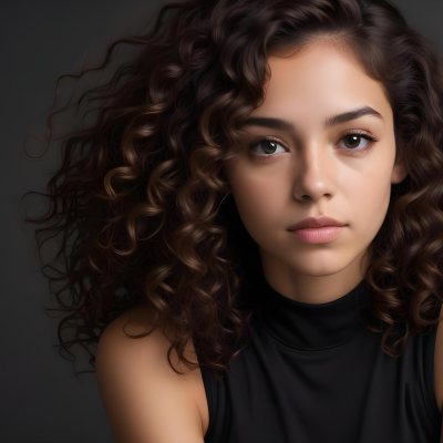 Young Woman With Medium Skin Tone And Long Curly Brown Hair Wearing A Black Sleeveless Top Looking Directly At The Camera With A Neutral Expression The Background Is Dark And Simple Emphasizing Her Features 53 680d