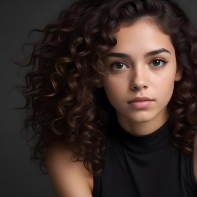 Young Woman With Medium Skin Tone And Long Curly Brown Hair Wearing A Black Sleeveless Top Looking Directly At The Camera With A Neutral Expression The Background Is Dark And Simple Emphasizing Her Features 54 915e