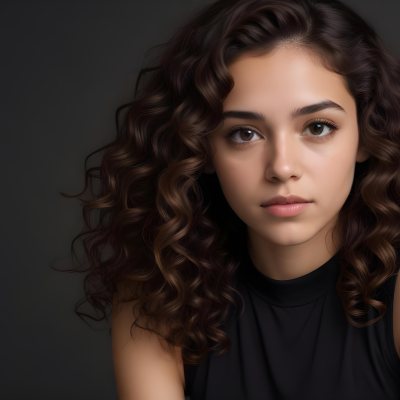 Young Woman With Medium Skin Tone And Long Curly Brown Hair Wearing A Black Sleeveless Top Looking Directly At The Camera With A Neutral Expression The Background Is Dark And Simple Emphasizing Her Features 59 6b63