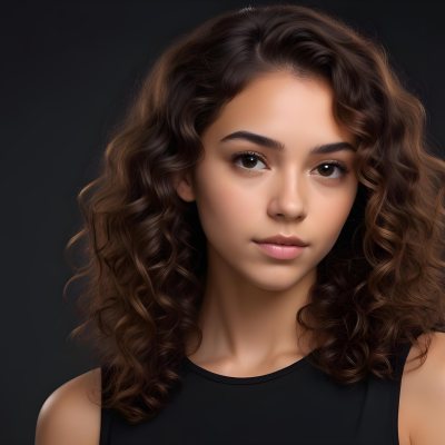 Young Woman With Medium Skin Tone And Long Curly Brown Hair Wearing A Black Sleeveless Top Looking Directly At The Camera With A Neutral Expression The Background Is Dark And Simple Emphasizing Her Features 6 43e9