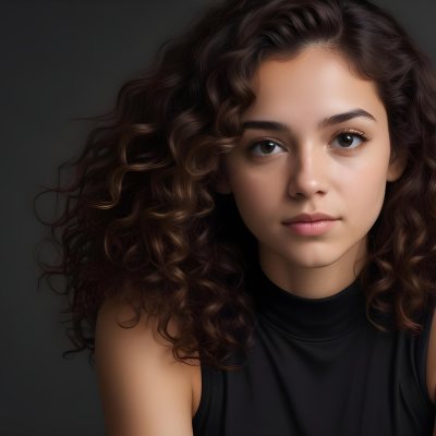 Young Woman With Medium Skin Tone And Long Curly Brown Hair Wearing A Black Sleeveless Top Looking Directly At The Camera With A Neutral Expression The Background Is Dark And Simple Emphasizing Her Features 62 F8c2