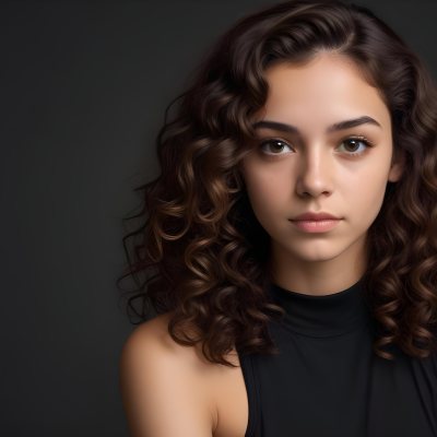 Young Woman With Medium Skin Tone And Long Curly Brown Hair Wearing A Black Sleeveless Top Looking Directly At The Camera With A Neutral Expression The Background Is Dark And Simple Emphasizing Her Features 63 57ec