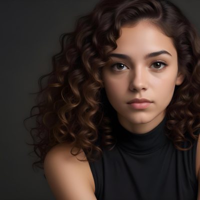 Young Woman With Medium Skin Tone And Long Curly Brown Hair Wearing A Black Sleeveless Top Looking Directly At The Camera With A Neutral Expression The Background Is Dark And Simple Emphasizing Her Features 9 E77c