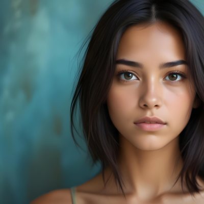 Young Woman With Medium Skin Tone Long Dark Hair And A Natural Makeup Look She Appears To Be Around 20 Years Old With A Soft Expression And Direct Gaze The Background Is A Textured Blue Green Color 1 3e20