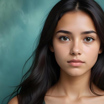 Young Woman With Medium Skin Tone Long Dark Hair And A Natural Makeup Look She Appears To Be Around 20 Years Old With A Soft Expression And Direct Gaze The Background Is A Textured Blue Green Color 11 960e