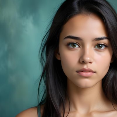 Young Woman With Medium Skin Tone Long Dark Hair And A Natural Makeup Look She Appears To Be Around 20 Years Old With A Soft Expression And Direct Gaze The Background Is A Textured Blue Green Color 13 096a