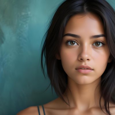 Young Woman With Medium Skin Tone Long Dark Hair And A Natural Makeup Look She Appears To Be Around 20 Years Old With A Soft Expression And Direct Gaze The Background Is A Textured Blue Green Color 15 F21d