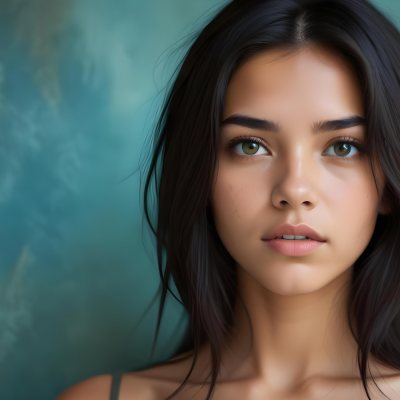 Young Woman With Medium Skin Tone Long Dark Hair And A Natural Makeup Look She Appears To Be Around 20 Years Old With A Soft Expression And Direct Gaze The Background Is A Textured Blue Green Color 17 1a31