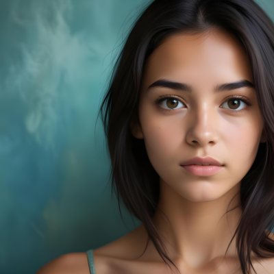 Young Woman With Medium Skin Tone Long Dark Hair And A Natural Makeup Look She Appears To Be Around 20 Years Old With A Soft Expression And Direct Gaze The Background Is A Textured Blue Green Color 18 8817