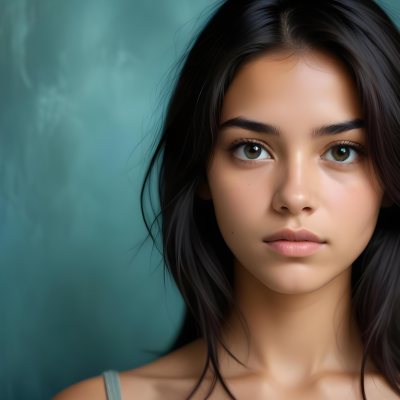 Young Woman With Medium Skin Tone Long Dark Hair And A Natural Makeup Look She Appears To Be Around 20 Years Old With A Soft Expression And Direct Gaze The Background Is A Textured Blue Green Color 19 16e7