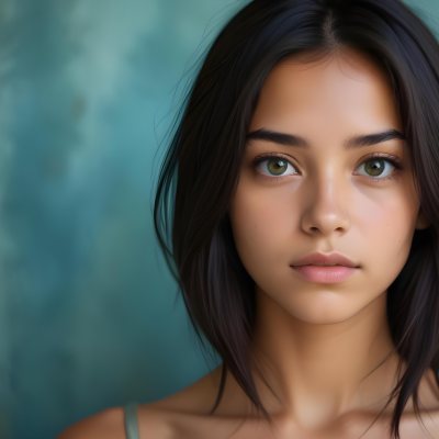 Young Woman With Medium Skin Tone Long Dark Hair And A Natural Makeup Look She Appears To Be Around 20 Years Old With A Soft Expression And Direct Gaze The Background Is A Textured Blue Green Color 20 970f