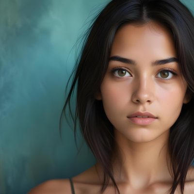 Young Woman With Medium Skin Tone Long Dark Hair And A Natural Makeup Look She Appears To Be Around 20 Years Old With A Soft Expression And Direct Gaze The Background Is A Textured Blue Green Color 21 C73a