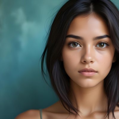 Young Woman With Medium Skin Tone Long Dark Hair And A Natural Makeup Look She Appears To Be Around 20 Years Old With A Soft Expression And Direct Gaze The Background Is A Textured Blue Green Color 22 Aa93
