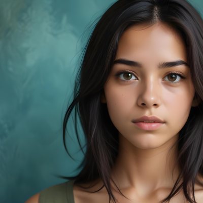 Young Woman With Medium Skin Tone Long Dark Hair And A Natural Makeup Look She Appears To Be Around 20 Years Old With A Soft Expression And Direct Gaze The Background Is A Textured Blue Green Color 23 137d