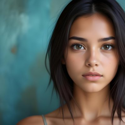 Young Woman With Medium Skin Tone Long Dark Hair And A Natural Makeup Look She Appears To Be Around 20 Years Old With A Soft Expression And Direct Gaze The Background Is A Textured Blue Green Color 24 1173
