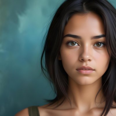 Young Woman With Medium Skin Tone Long Dark Hair And A Natural Makeup Look She Appears To Be Around 20 Years Old With A Soft Expression And Direct Gaze The Background Is A Textured Blue Green Color 25 668e