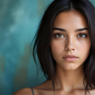 Young Woman With Medium Skin Tone Long Dark Hair And A Natural Makeup Look She Appears To Be Around 20 Years Old With A Soft Expression And Direct Gaze The Background Is A Textured Blue Green Color 26 88bf