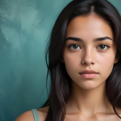 Young Woman With Medium Skin Tone Long Dark Hair And A Natural Makeup Look She Appears To Be Around 20 Years Old With A Soft Expression And Direct Gaze The Background Is A Textured Blue Green Color 3 B698