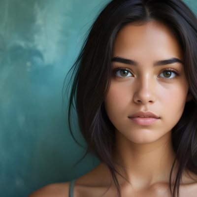 Young Woman With Medium Skin Tone Long Dark Hair And A Natural Makeup Look She Appears To Be Around 20 Years Old With A Soft Expression And Direct Gaze The Background Is A Textured Blue Green Color 4 997c