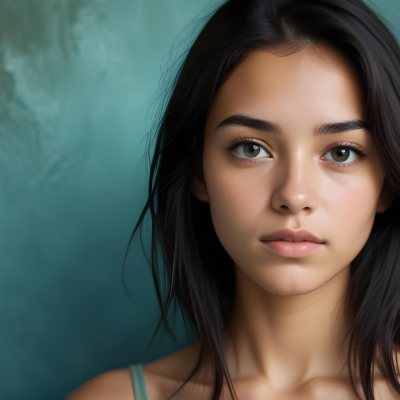 Young Woman With Medium Skin Tone Long Dark Hair And A Natural Makeup Look She Appears To Be Around 20 Years Old With A Soft Expression And Direct Gaze The Background Is A Textured Blue Green Color 5 18be