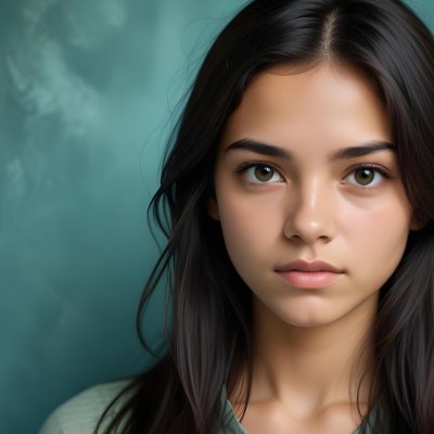 Young Woman With Medium Skin Tone Long Dark Hair And A Natural Makeup Look She Appears To Be Around 20 Years Old With A Soft Expression And Direct Gaze The Background Is A Textured Blue Green Color 7 38cd