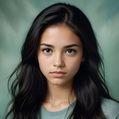 Young Woman With Medium Skin Tone Long Dark Hair And A Natural Makeup Look She Appears To Be Around 20 Years Old With A Soft Expression And Direct Gaze The Background Is A Textured Blue Green Color 9 9bb5