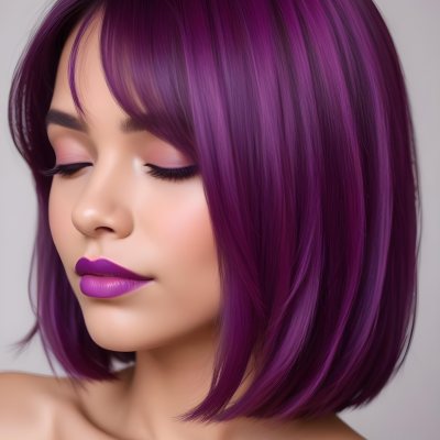 Woman With Medium Skin Tone And A Stylish Bob Haircut Featuring Vibrant Purple Highlights She Has Her Eyes Closed And Is Wearing Soft Pink Lipstick And Eye Makeup The Background Is Neutral And Unobtrusive 43 Eb23