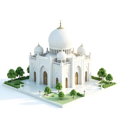 A 3d Model Of A Mosque With A Large White Dome White Walls And Intricate Geometric Patterns Surrounded By Small Green Trees And Bushes Isolated On White Background 10 Cde2