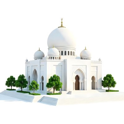 A 3d Model Of A Mosque With A Large White Dome White Walls And Intricate Geometric Patterns Surrounded By Small Green Trees And Bushes Isolated On White Background 11 9505
